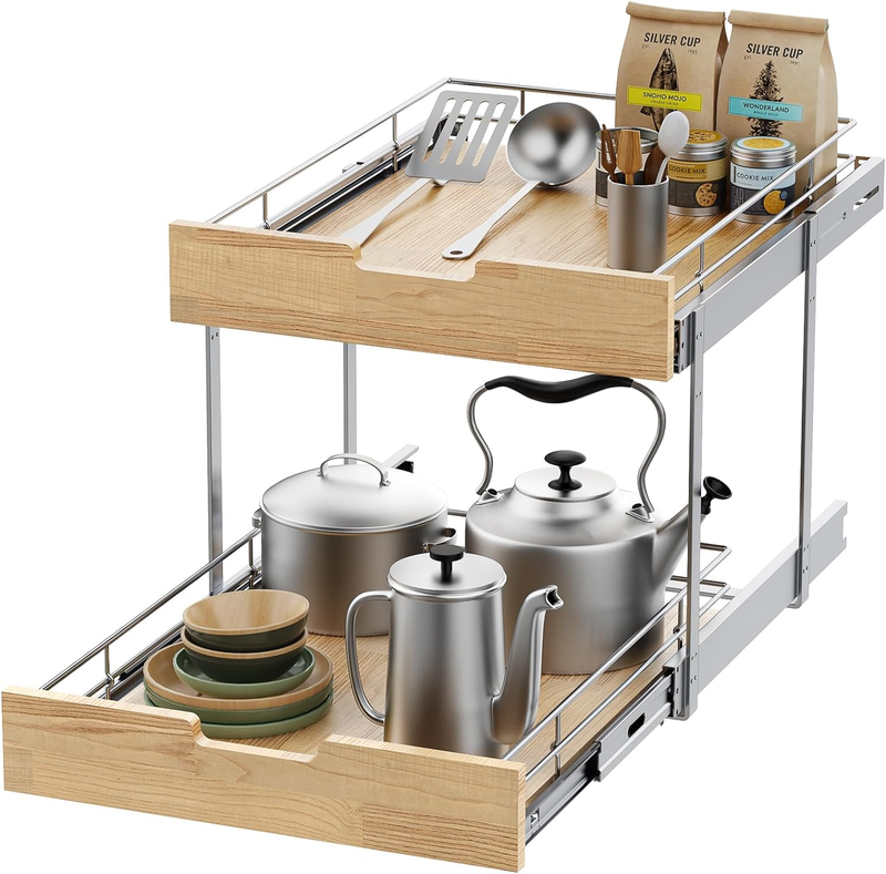Pull Out Cabinet Organizer,Heavy-Duty Slide Out Shelf, Wood and Wire Basket, Pul