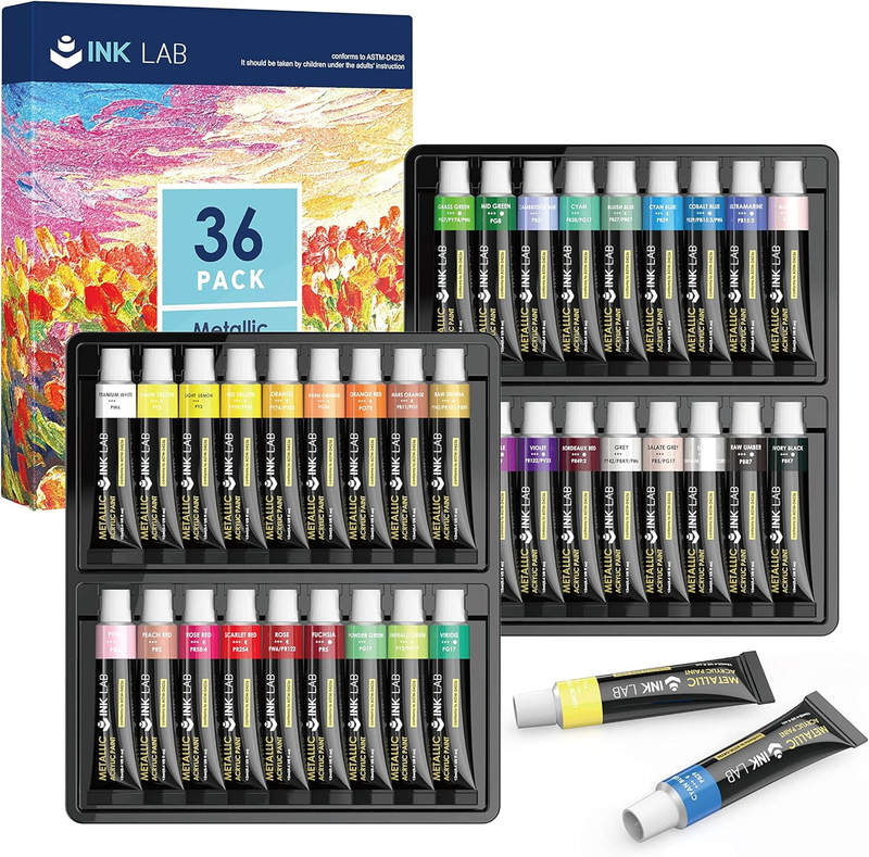 INK LAB Metallic Acrylic Paint Set 36 Colors 12Ml for Canvas Wood