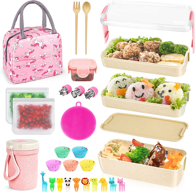 Lunch Box Kit, Stackable 3-in-1 Compartment Japanese Lunch B