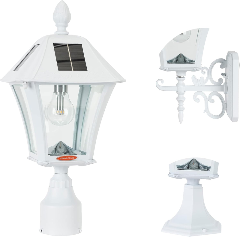 Solar Outdoor Light Post, Baytown Bulb, White Cast Aluminum, 1-Light with 3 Mounting Options, 3-Inch Fitter for Lamp Posts, Flat Mount for Column Lights and Wall Sconce Mount (106B50233)