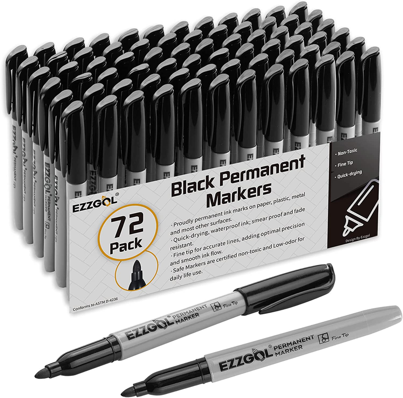Ezzgol Permanent Markers Bulk, 72 Pack Black Permanent Marker Set, Fine Tip