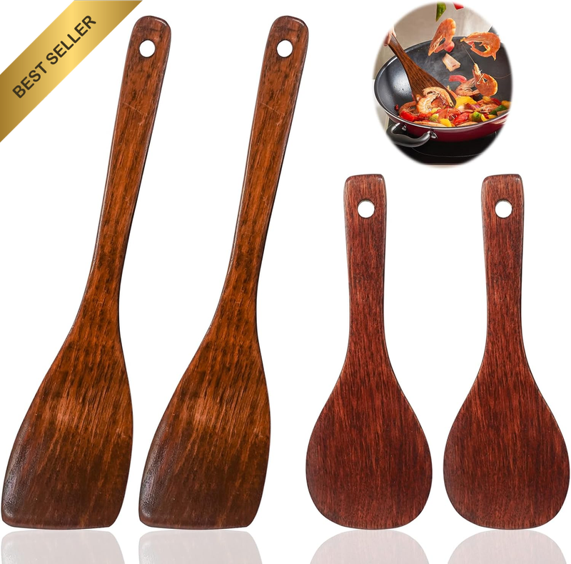 2Pc Wooden Spatula Set Long Handle Heat Resistant Nonstick Cooking Utensils