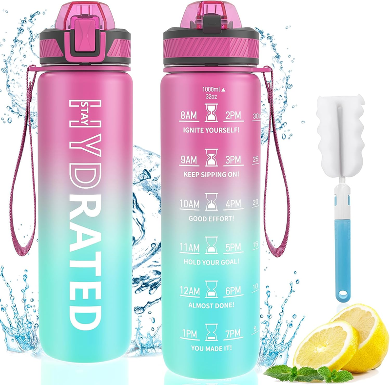 With Straw, 32 Oz Sports Reusable Water Bottles With Motivat