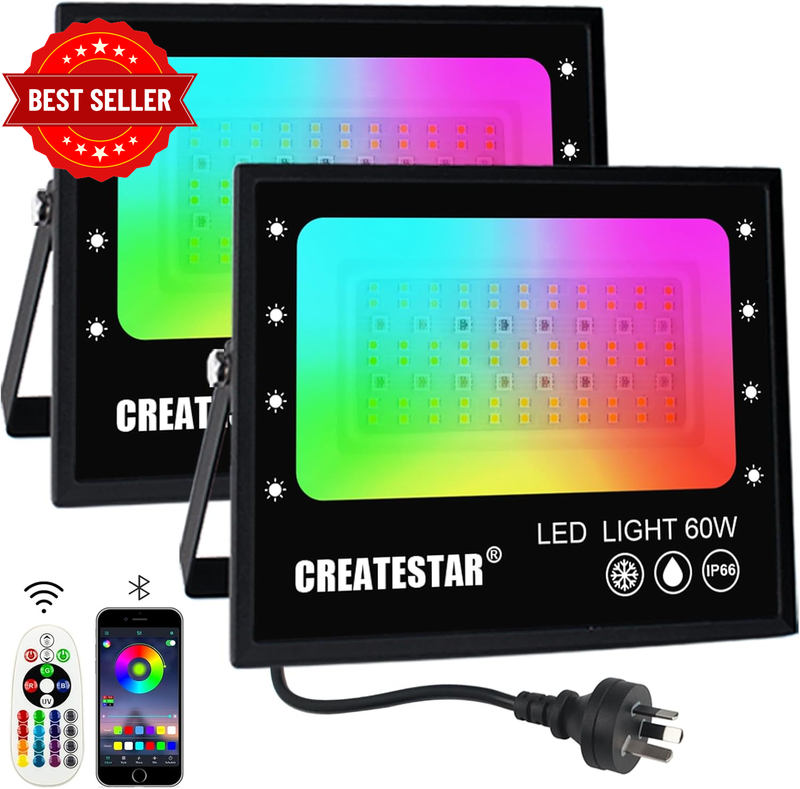 2 Pack RGB LED Flood Lights Outdoor, Color Changing Flood Lights, 60W (500W Equi