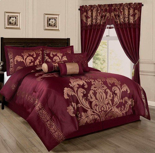 Full Queen Cal King Bed Burgundy Maroon Gold Floral Damask 7 pc Comforter Set