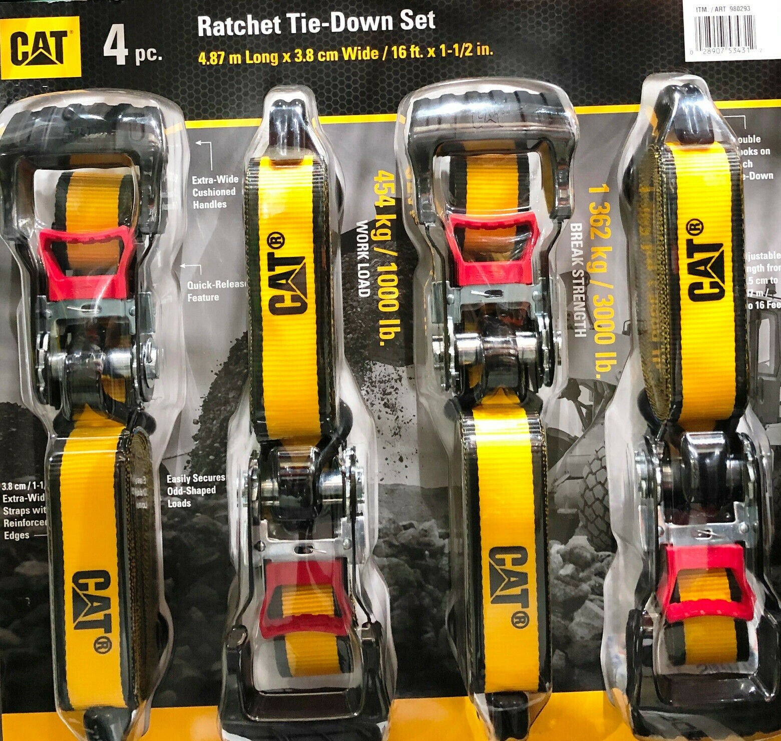 CAT Heavy Duty 4 PC CAT Ratchet Tie Down Set 4.87m Long Adjustable