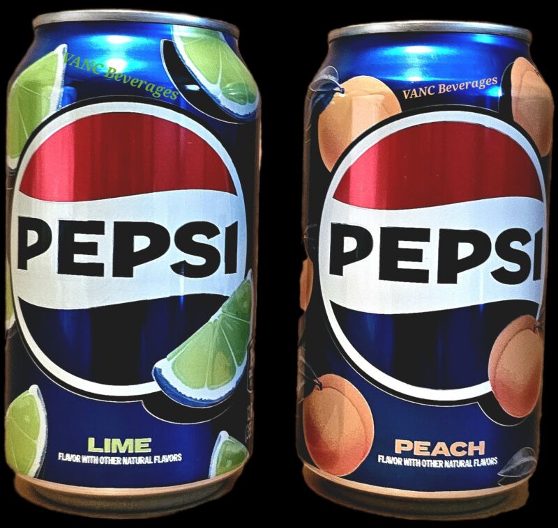 New Pepsi W/Peach & Pepsi Lime. 2 X 12oz Single Cans W/ Free Ship Bb 9/24