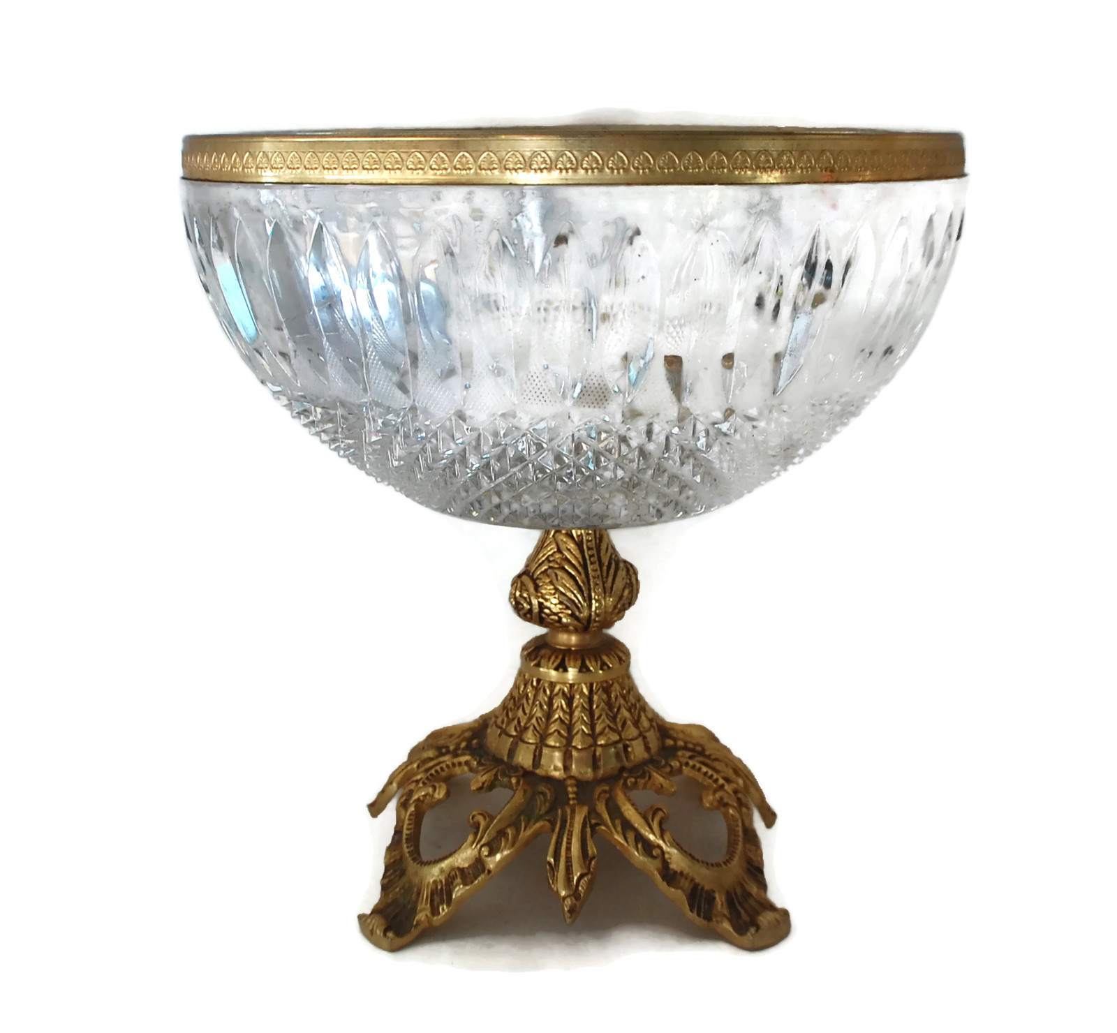 beautiful large vintage crystal and metal gold color centerpiece bowl