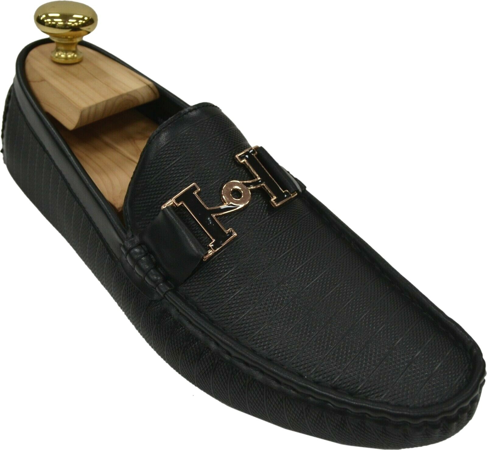 Mens Royal Black Loafers with Gold &quot;H&quot; Buckle Designer