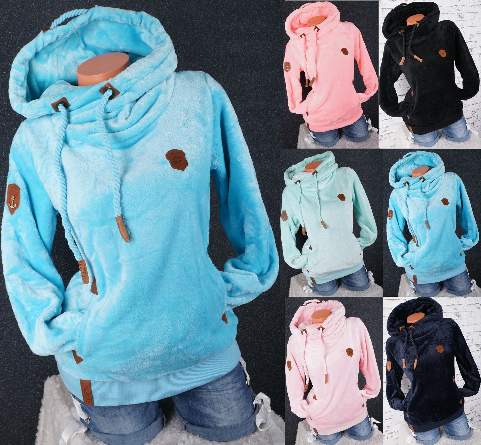 Damen Hoodie Kapuzenpullover Sweatshirt warmer Teddy Kuschel Pulli UNI M-3XL