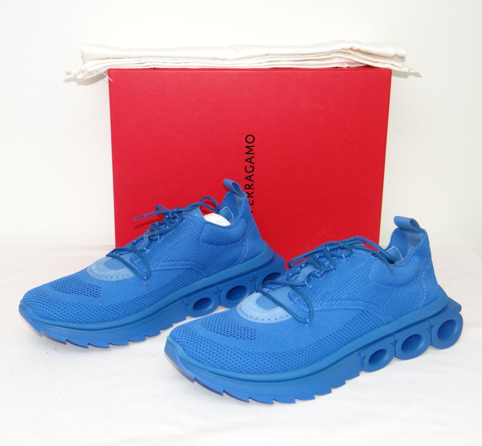 $995 FERRAGAMO NIMA knit fabric low top sneakers Denim Blue