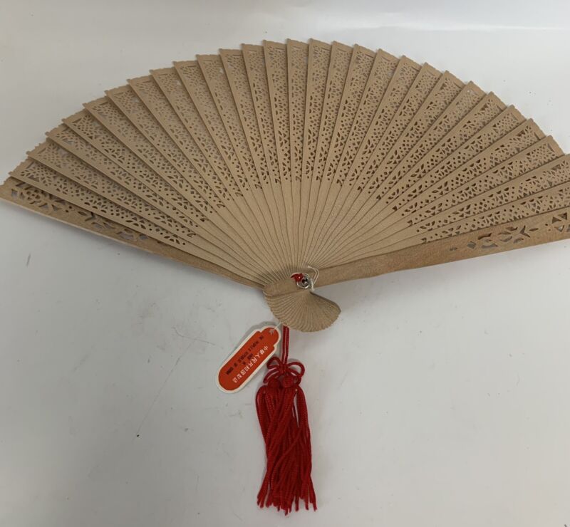 Vintage Sandalwood Fan in Original Box with Glass insert Tags Intricate Design