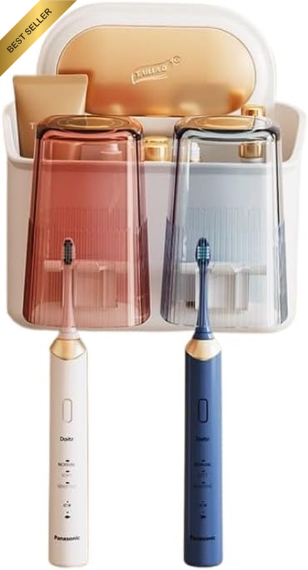 Suction Cup Toothbrush Holder with 2 Cups & 3 Cups Wall Mounted, No-Drilling Rem