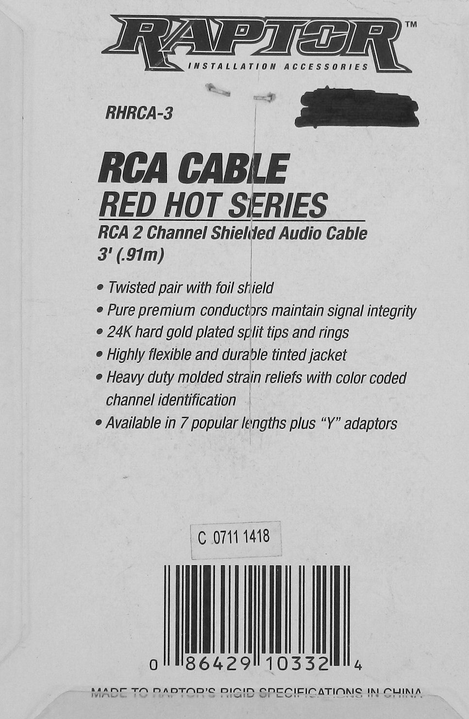 Raptor RHRCA-3 Red Hot Series 2 Channel 3 Foot RCA Cable