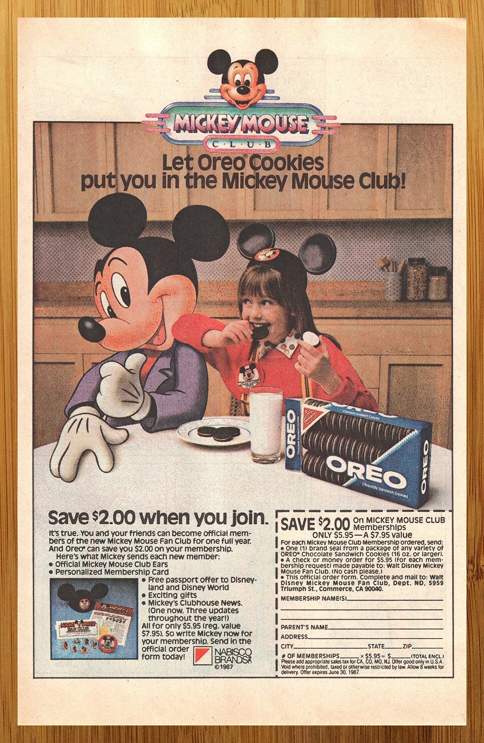 1987 Oreo Cookies/Mickey Mouse Club Vintage Print Ad/Poster