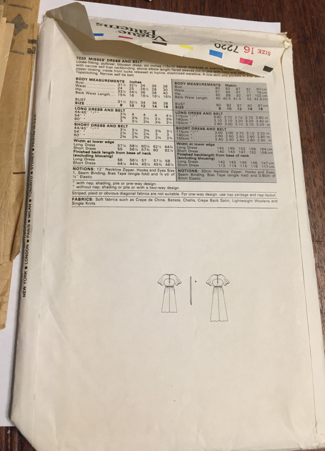 Vogue 7220 Misses DRESS & Belt Loose Fit Flared Sleeves Size 16 Sew Pattern VTG