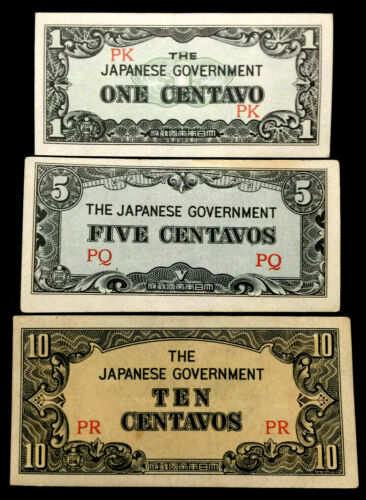 WWII Era 1942 - Japanese Government Occupation 1,5,10 Centavos Philippines