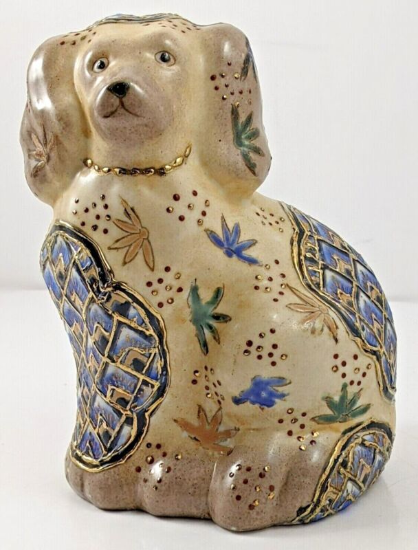 Hand Painted Porcelain Cavalier Spaniel Dog Figurine Gold Gilded