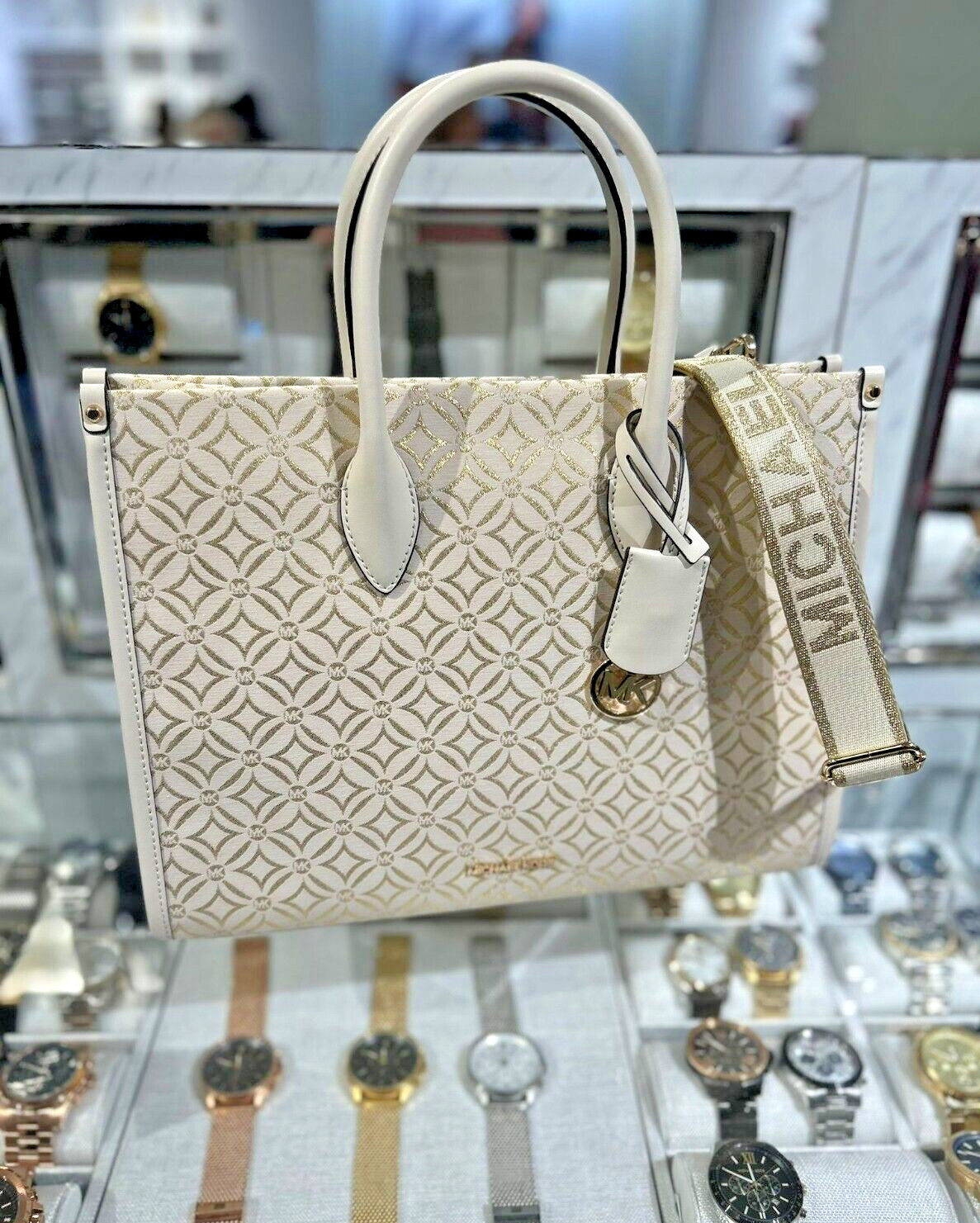 Michael Kors Mirella MD Logo Jacquard EW Tote Crossbody Bag Michael Kors Mirella MD Logo Jacquard EW Tote Crossbody Bag