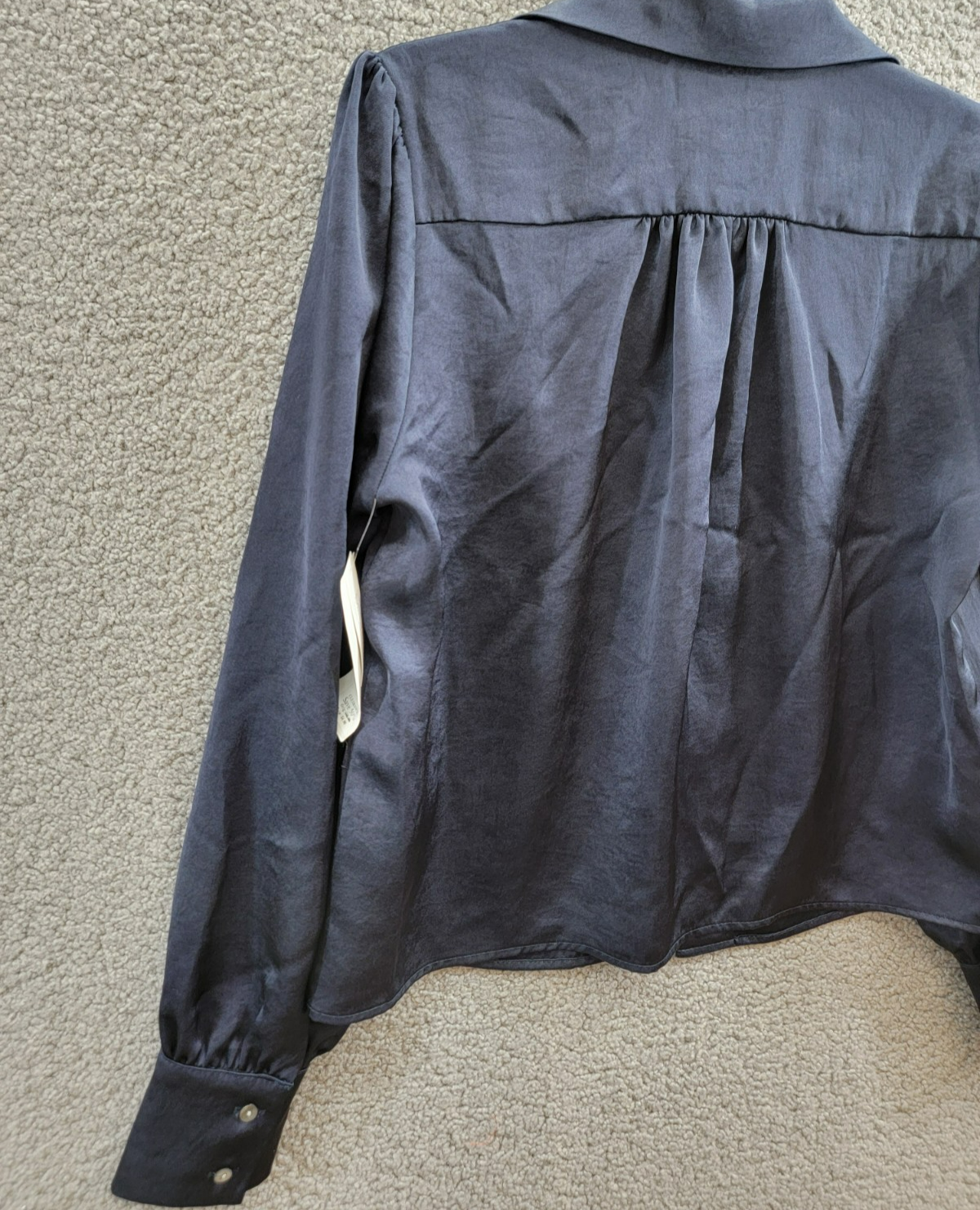 Karen Kane Shirred Blouse Women's M Navy Solid Collared Long Sleeve Button Front - Picture 14 of 18