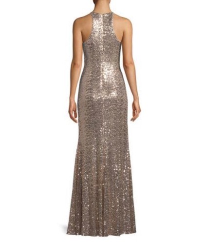 Pre-owned Badgley Mischka Sequined Halter-neck Evening Gown, Size 12 In Pink