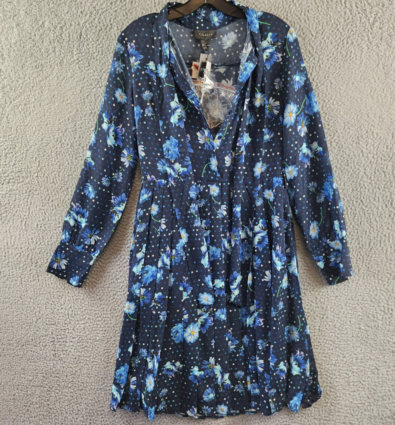 Gracia Belted Mini Dress Women's M Black Multi Floral Scarf Neck Long Sleeve - Picture 1 of 13