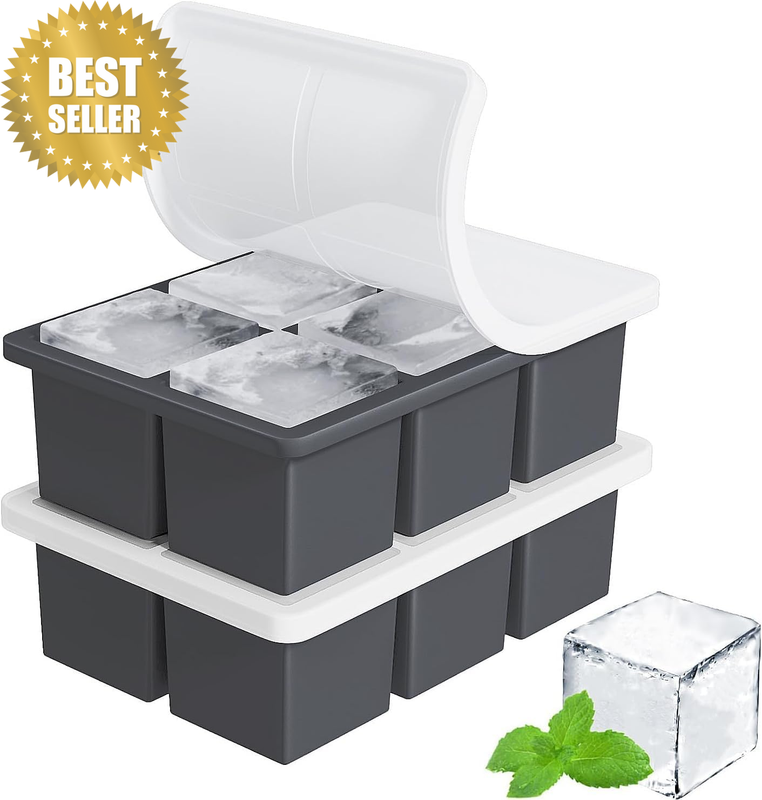 Large Ice Cube Tray for Whiskey:Silicone Ice Cube Trays with Lid - 2Pack Big Squ