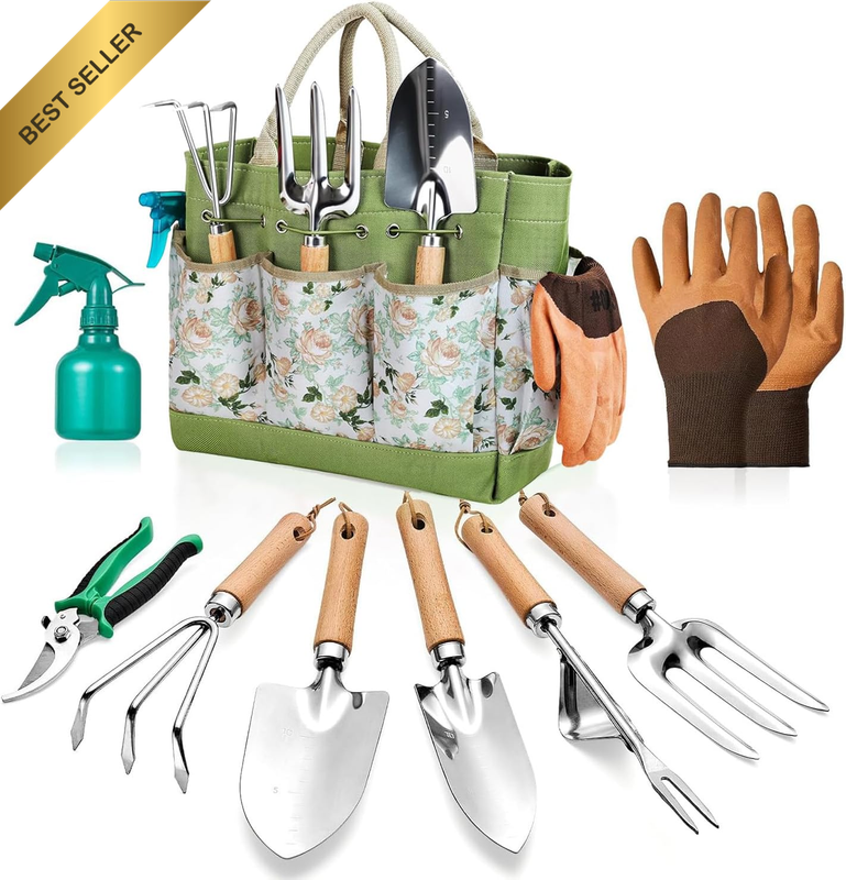 Garden Tools Set, 9 Pieces Gardening Hand Tool Gift Kit, Heavy Duty Durable Gard