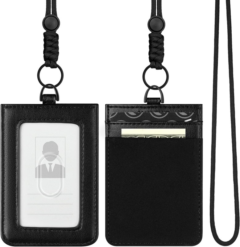 ID Badge Holder with Lanyard for Women and Men Vertical Leather Badge Holder wit