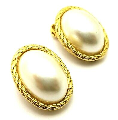 Vintage Costume Jewellery Gold Tone Faux Pearl Cabochon Clip On Earrings 