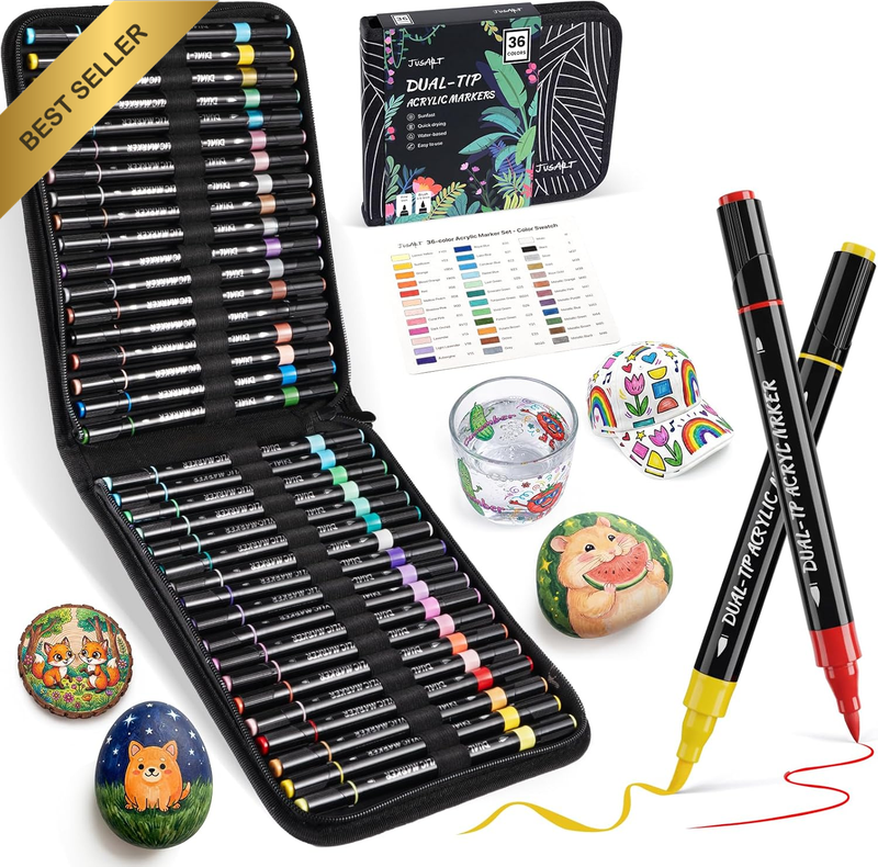 Acrylic Paint Markers 36 Colors with Canvas Bag, Dual Tips with Brush Tip & Fine
