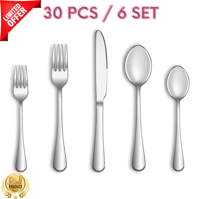 30 Piece Silverware Set Service for 6,Premium Stainless Steel Flatware Set,Mirro