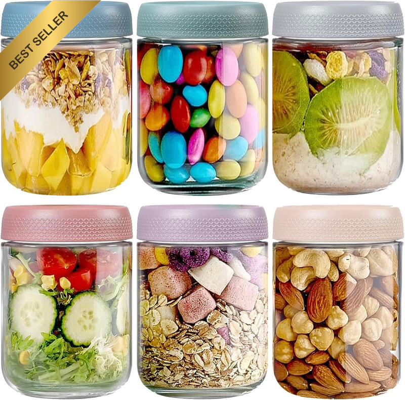 6 Pack 16Oz/480Ml Overnight Oats Airtight Wide Mouth Mason Jars