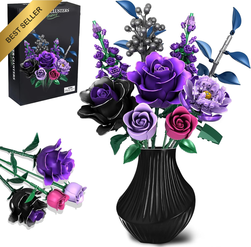 Purple Flower Bouquet Building Set Craft Kit for Adults, Gothic Artificial Flowe