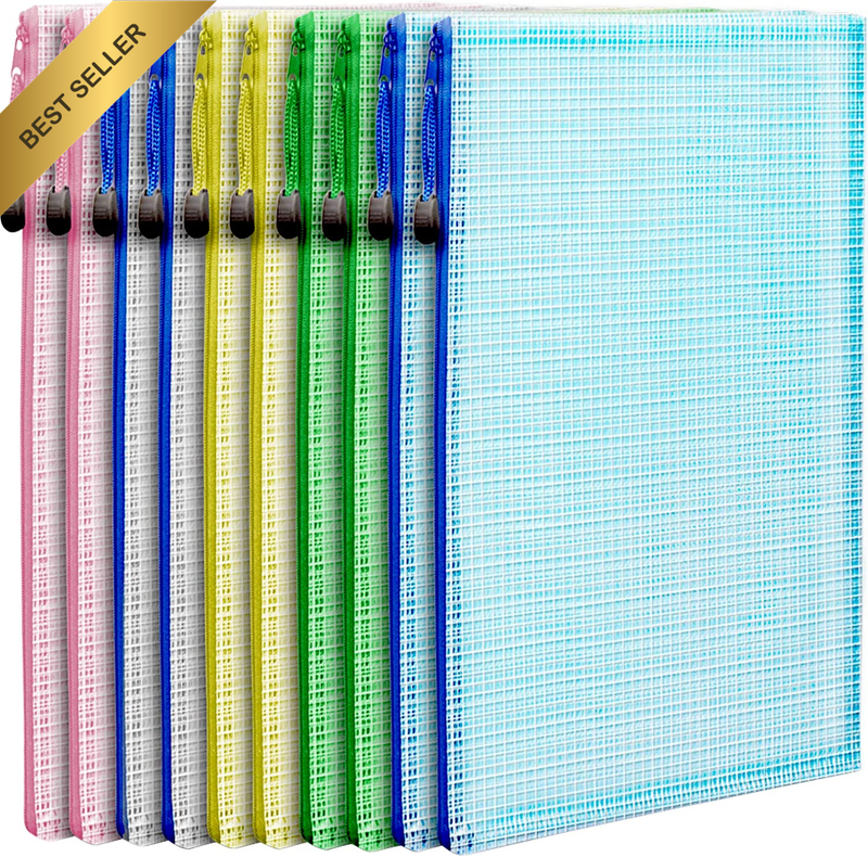 A4 Mesh Zipper File Bag,  10 Pack Waterproof Zip Plastic Envelope File Document