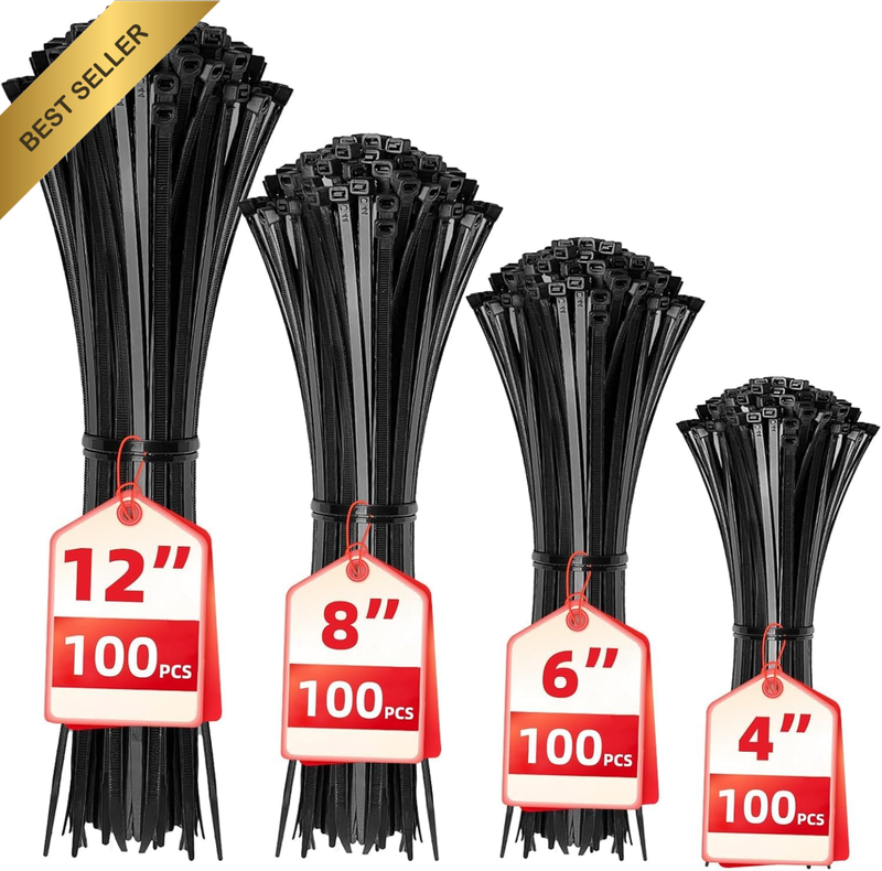 Cable Zip Ties,400 Packs Self-Locking 4+6+8+12-Inch Width 0.16Inch Nylon Cable T