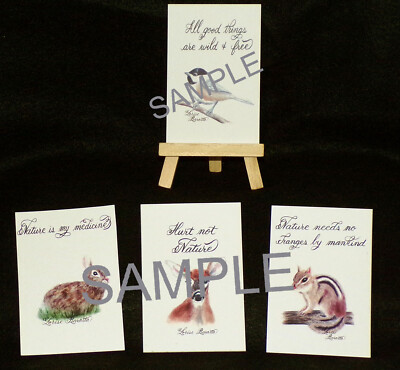 Wildlife Chickadee Deer Rabbit Chipmunk Art Calligraphy Prints Set of 4, w/Easel