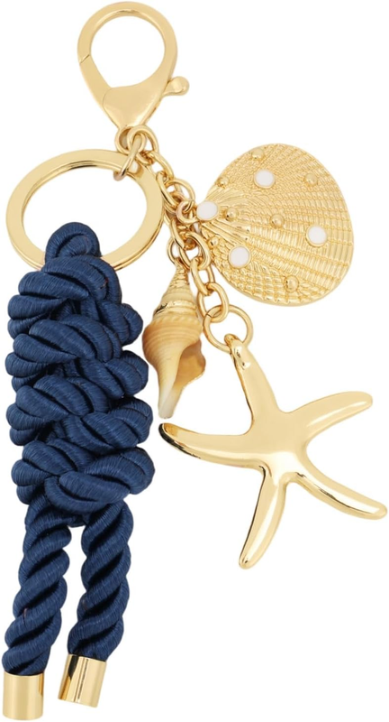Gold Starfish Keychain, Stylish Starfish Seashell Conch Keyring with Blue Rope B