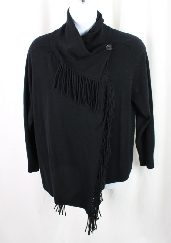 Repeat Women'S Black Wool Cashmere Blend Fringe Accent Long Sleeve Sweater 42/L