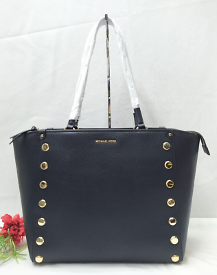 Michael Kors Holly Soft Black Pebbled Leather Studs Large Tote Bag NWT 398