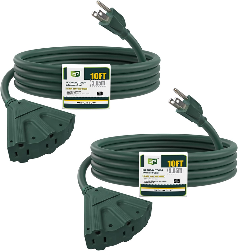 2 Pack 10 Ft Outdoor Extension Cord with 3 Electrical Power Outlets - 16/3 SJTW