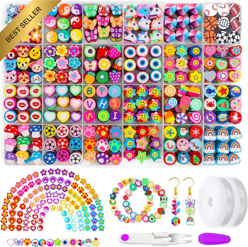 480PCS Polymer Clay Beads Kit for Bracelet Making, 24 Styles Non-Toxic Oven Bake