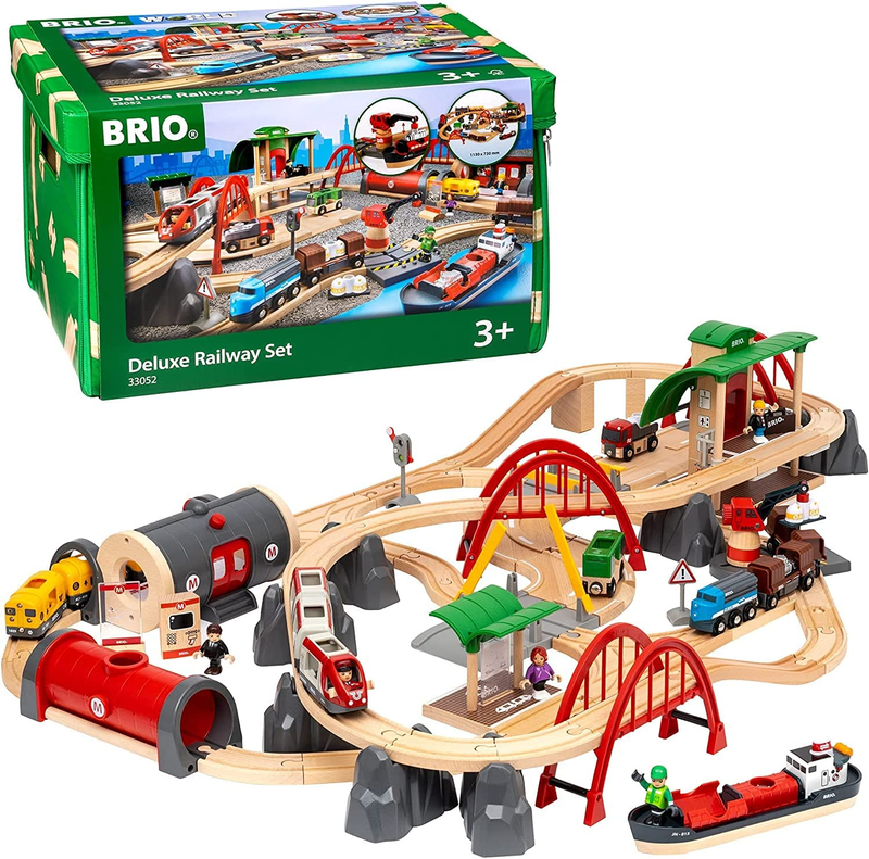 World 33052 Deluxe Railway Wooden Toy Train Set for Kids Age 3 and Up, Green