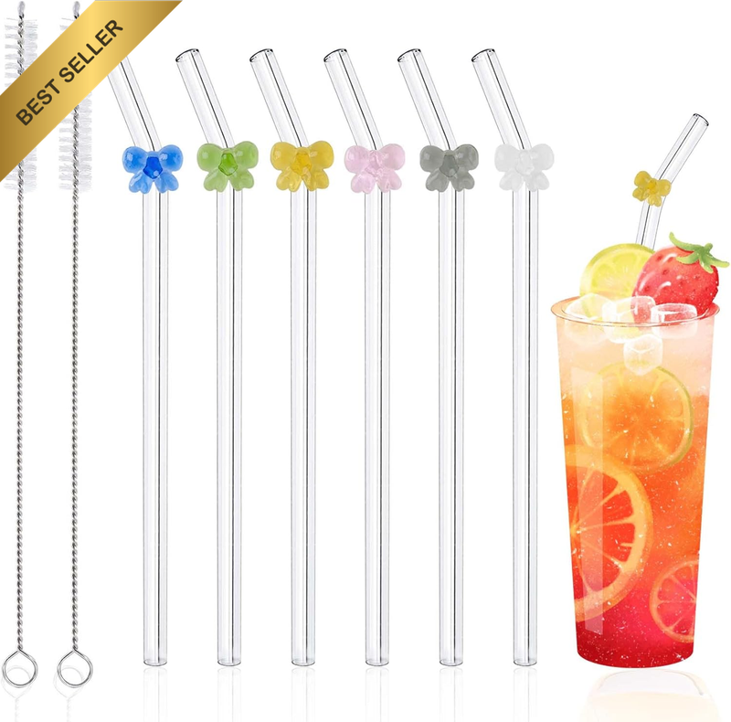 6 Pcs Reusable Glass Straws Shatter-Resistant Charms Bow Design w/2 Brushes