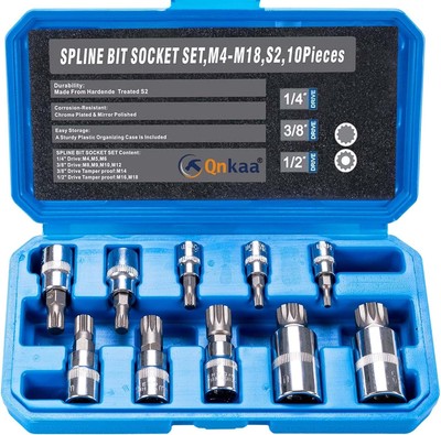 Spline Socket Bit Set 10pcs Square Triple Silver M4 - M18 Variety Pack 