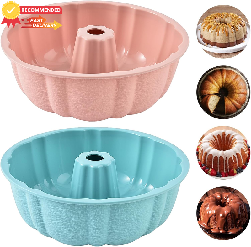 2 PCS Silicone Bundt Cake Tins, Non-Stick Baking Mold, Round Cake Pan, Pink Blue