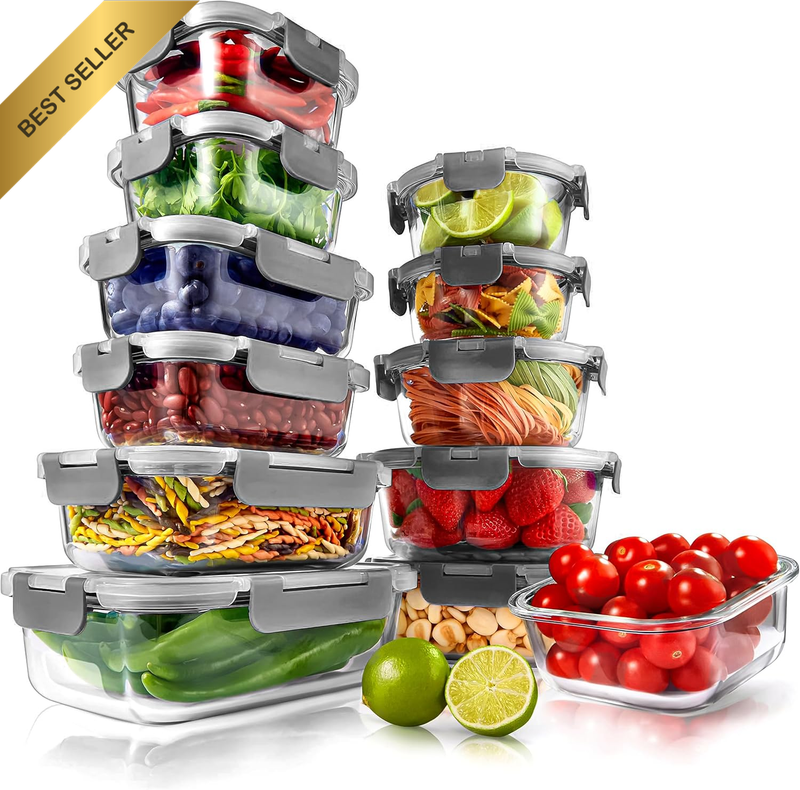 12 Pack Glass Meal Prep Food Storage Containers w/ Lids Leak-Proof Freezer Oven