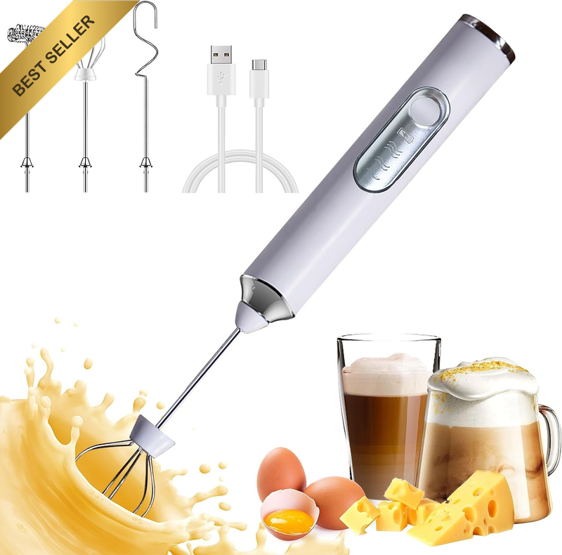 Milk Frother Handheld 3 Heads Electric Whisk USB Rechargeable 3 Speeds White