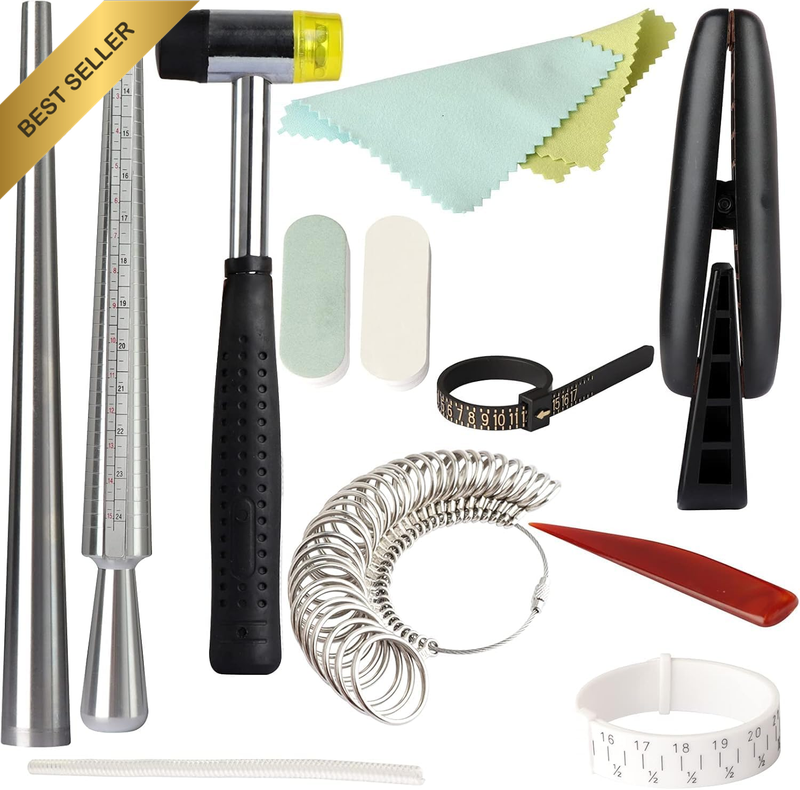 13-Piece Jewellery Ring Sizer Tool Set with Ring Mandrel, Rubber Hammer, Ring Cl