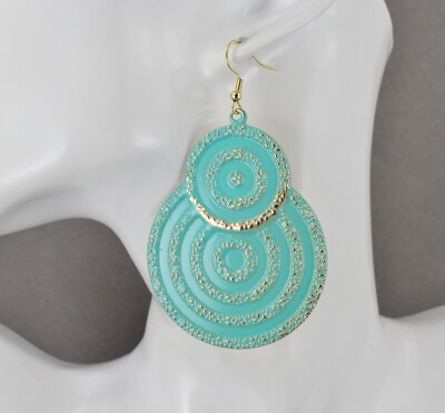 Turquoise Gold earrings textured round disc medallion 3'' long Very lightweight
